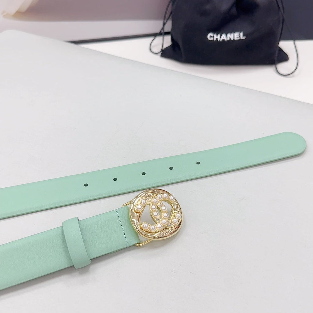 CHANEL 30MM BELT IN GREEN MINT CALFSKIN GOLD HARDWARE ATTACH PEARLS