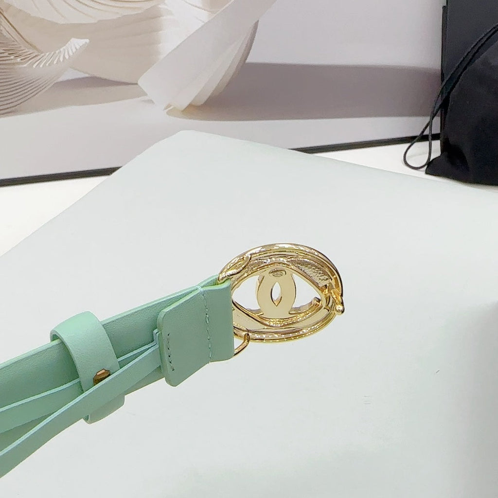 CHANEL 30MM BELT IN GREEN MINT CALFSKIN GOLD HARDWARE ATTACH PEARLS