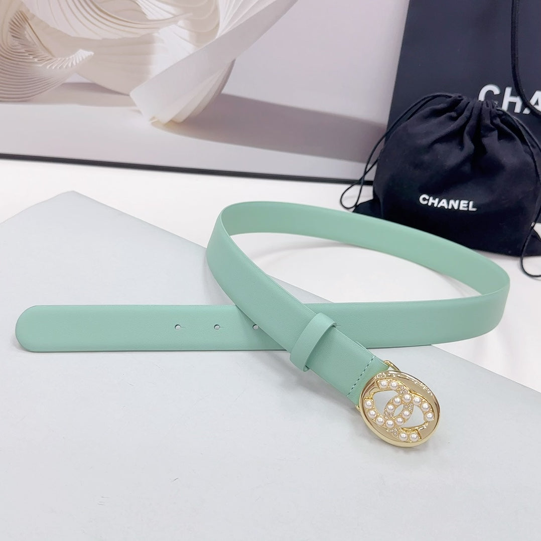 CHANEL 30MM BELT IN GREEN MINT CALFSKIN GOLD HARDWARE ATTACH PEARLS