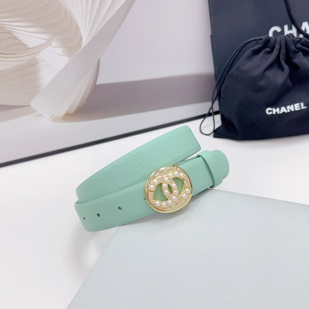 CHANEL 30MM BELT IN GREEN MINT CALFSKIN GOLD HARDWARE ATTACH PEARLS