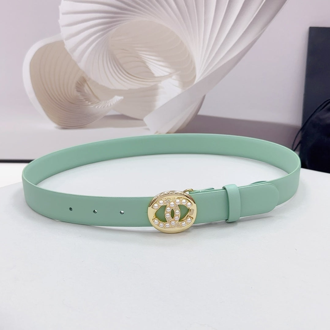CHANEL 30MM BELT IN GREEN MINT CALFSKIN GOLD HARDWARE ATTACH PEARLS