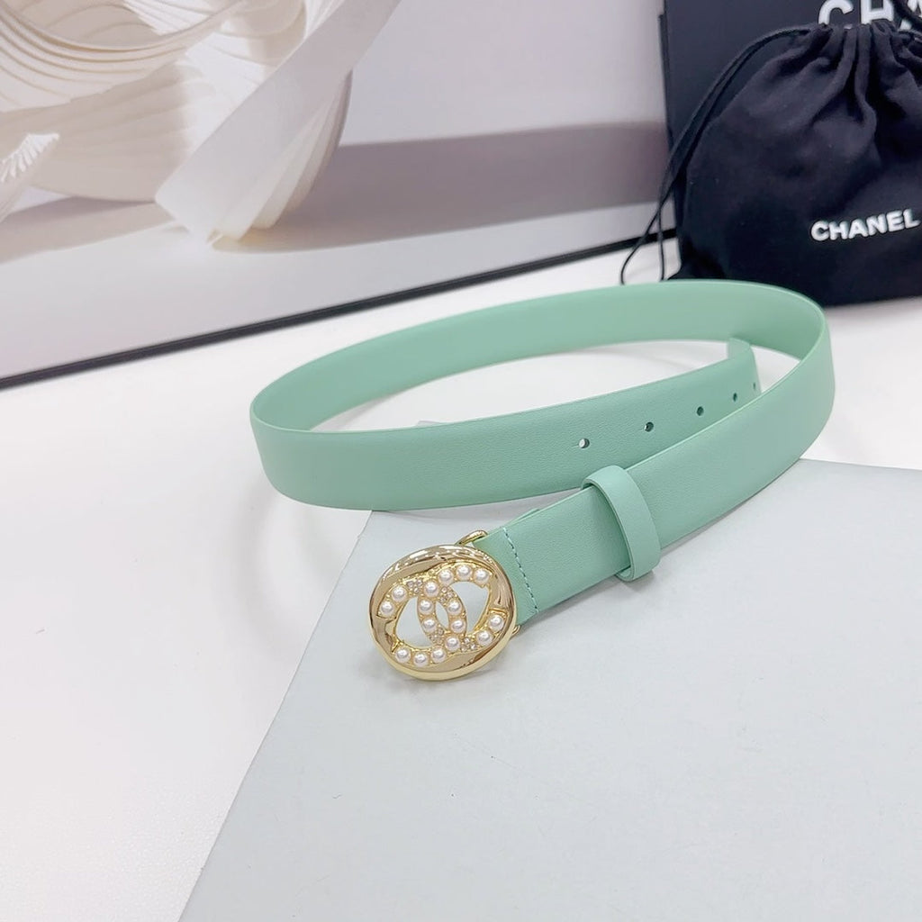 CHANEL 30MM BELT IN GREEN MINT CALFSKIN GOLD HARDWARE ATTACH PEARLS