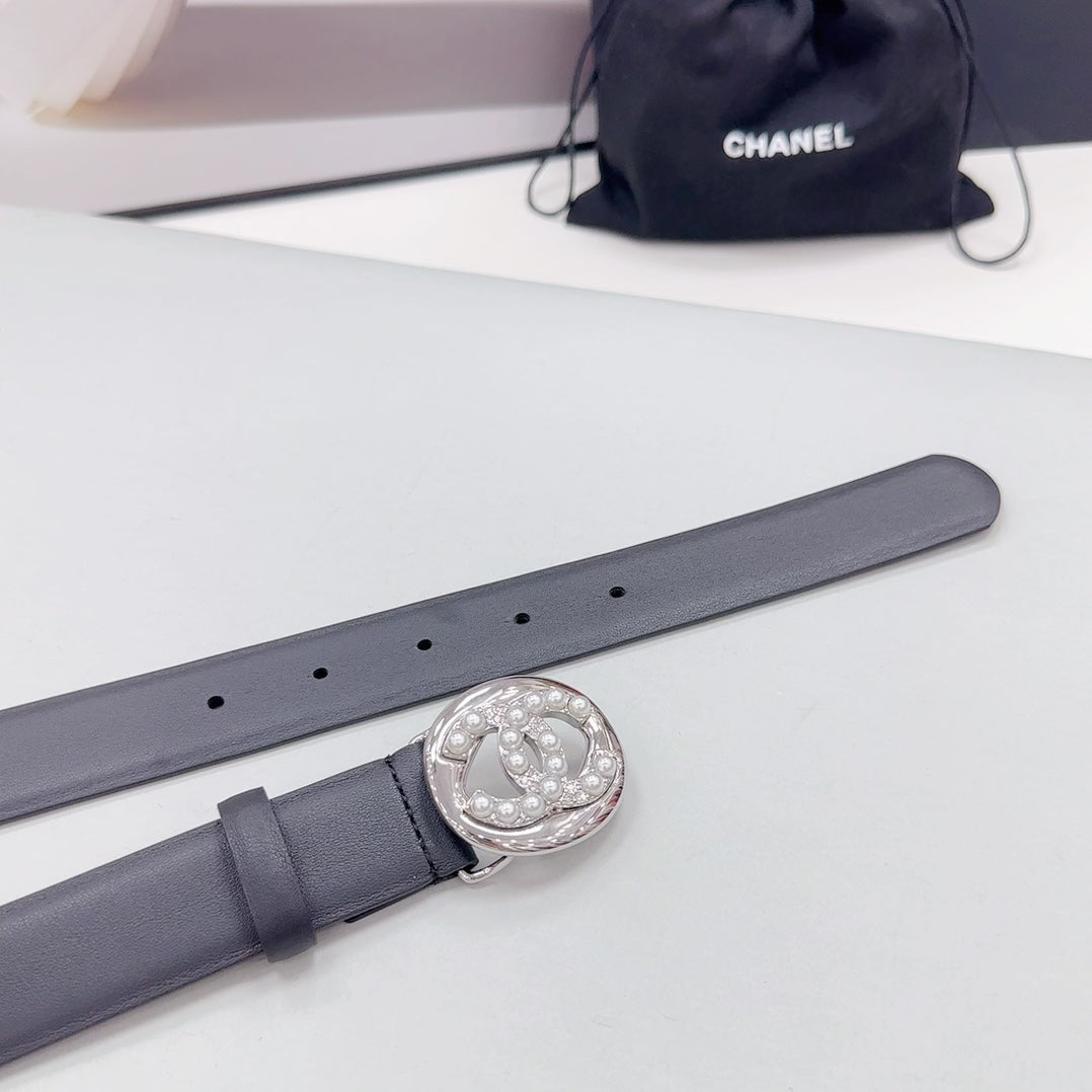 CHANEL 30MM BELT IN BLACK CALFSKIN SILVER HARDWARE ATTACH PEARLS