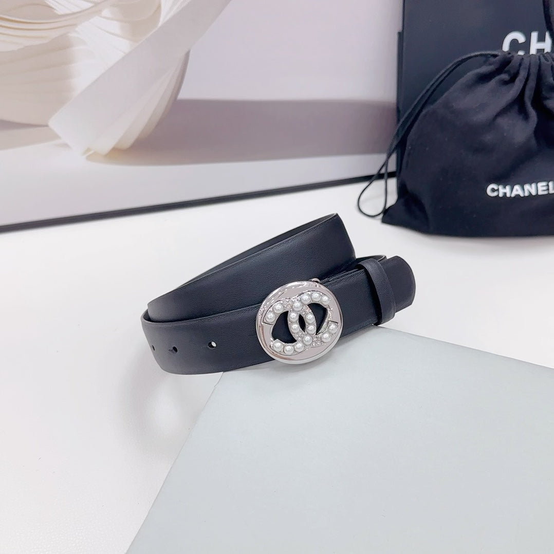 CHANEL 30MM BELT IN BLACK CALFSKIN SILVER HARDWARE ATTACH PEARLS