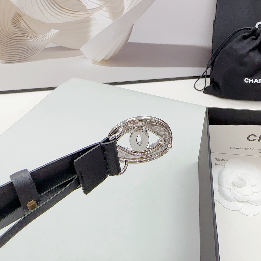 CHANEL 30MM BELT IN BLACK CALFSKIN SILVER HARDWARE ATTACH PEARLS