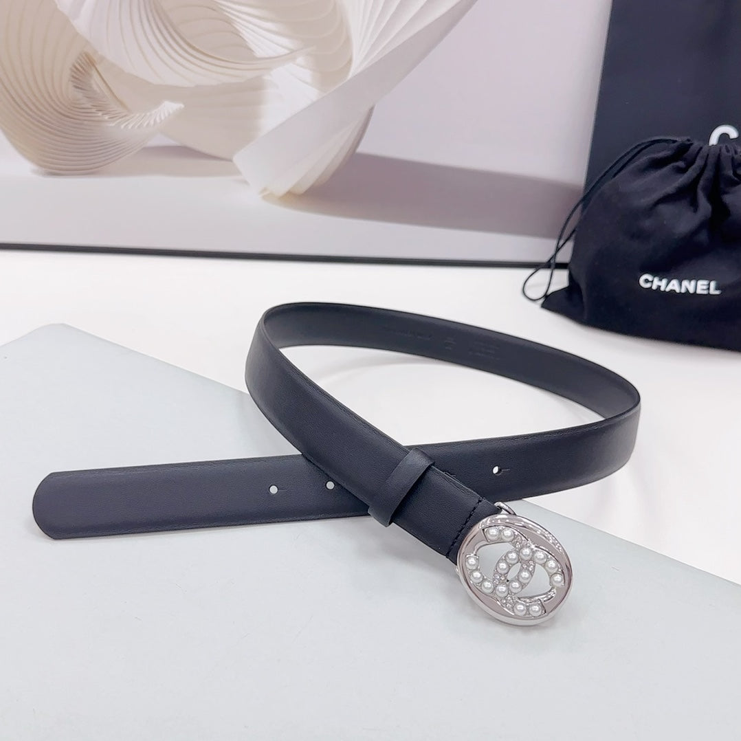CHANEL 30MM BELT IN BLACK CALFSKIN SILVER HARDWARE ATTACH PEARLS