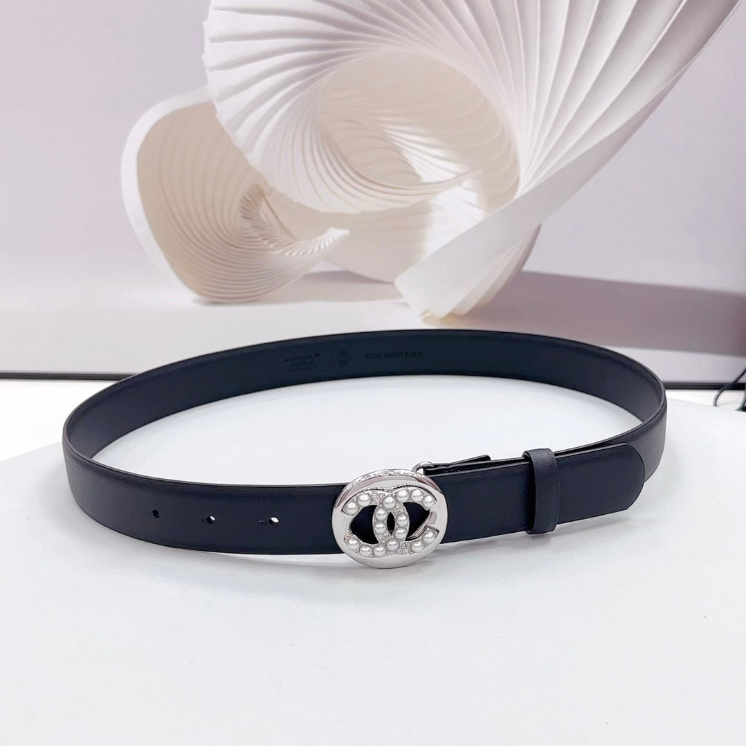 CHANEL 30MM BELT IN BLACK CALFSKIN SILVER HARDWARE ATTACH PEARLS