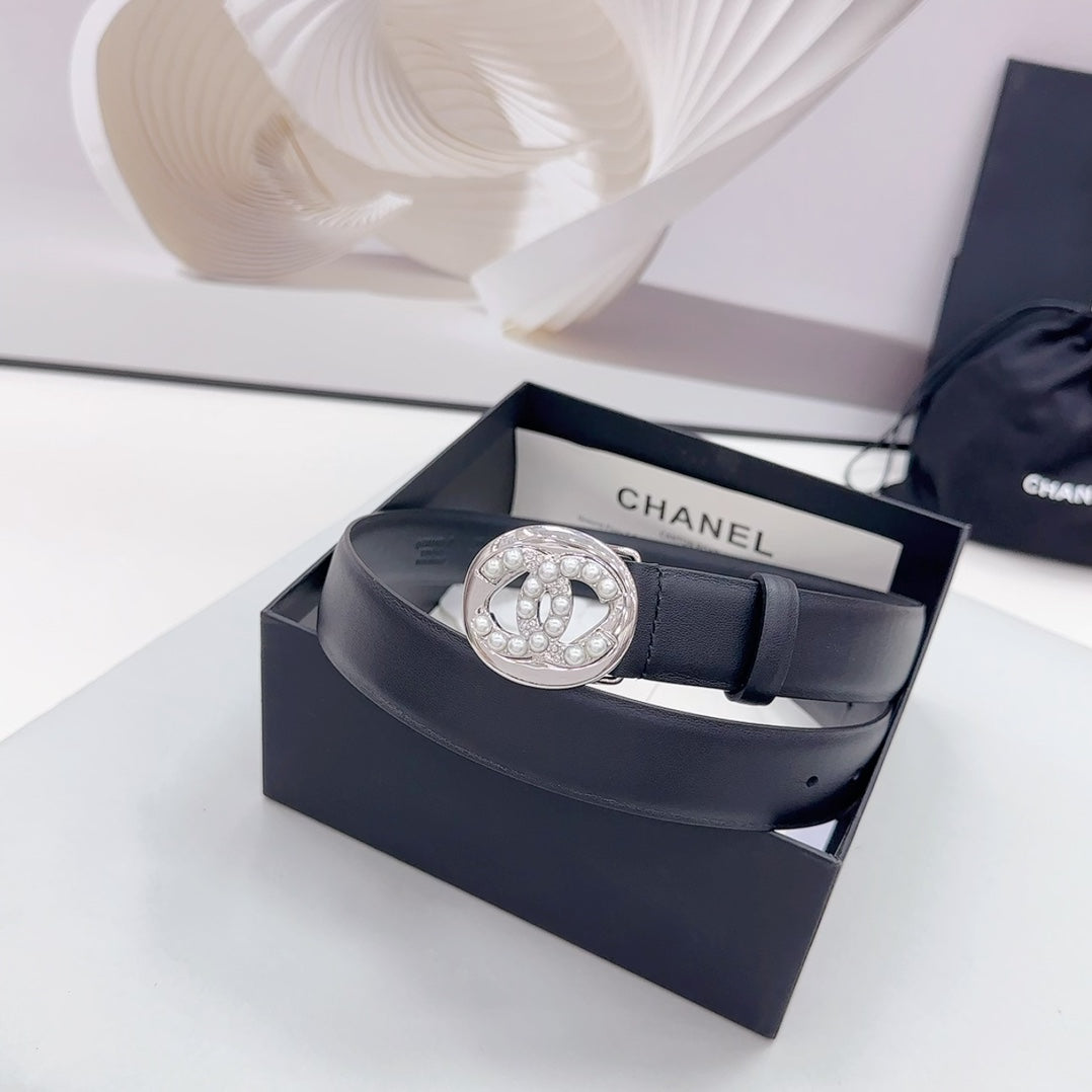 CHANEL 30MM BELT IN BLACK CALFSKIN SILVER HARDWARE ATTACH PEARLS