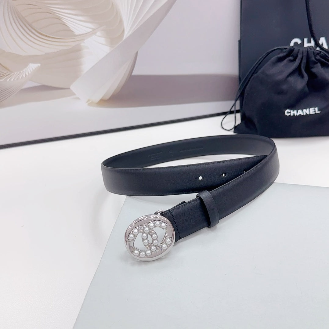 CHANEL 30MM BELT IN BLACK CALFSKIN SILVER HARDWARE ATTACH PEARLS