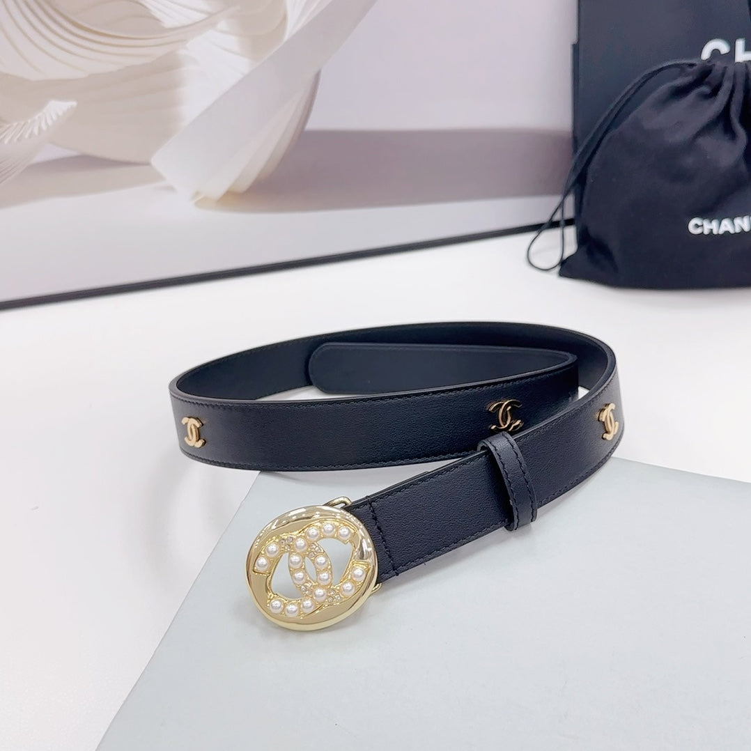 CHANEL 30MM BELT IN BLACK CALFSKIN GOLD HARDWARE ATTACH PEARLS