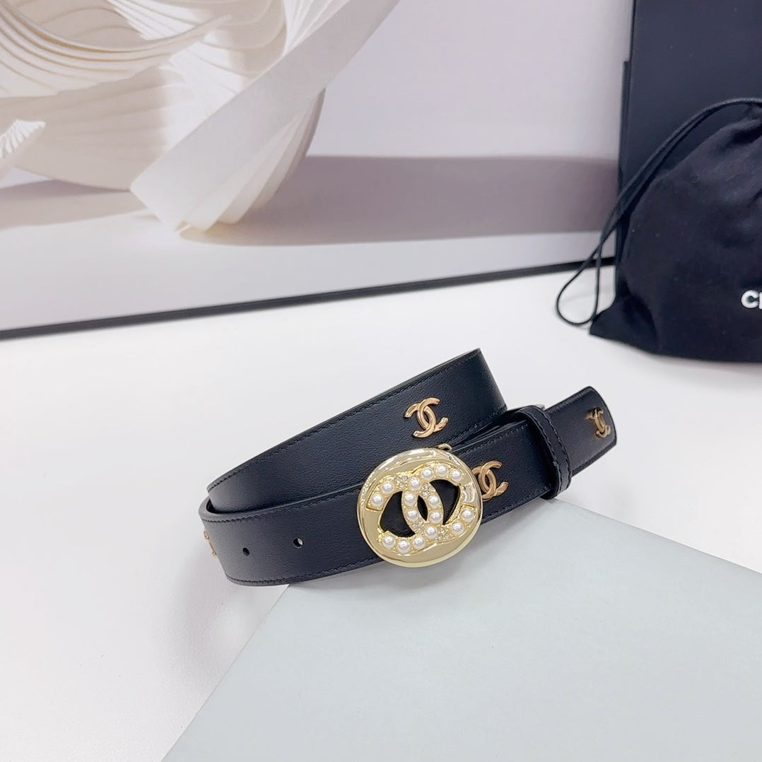 CHANEL 30MM BELT IN BLACK CALFSKIN GOLD HARDWARE ATTACH PEARLS