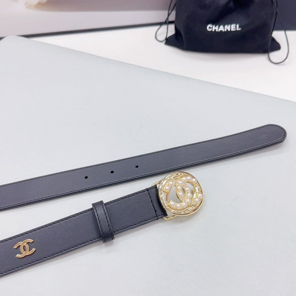 CHANEL 30MM BELT IN BLACK CALFSKIN GOLD HARDWARE ATTACH PEARLS