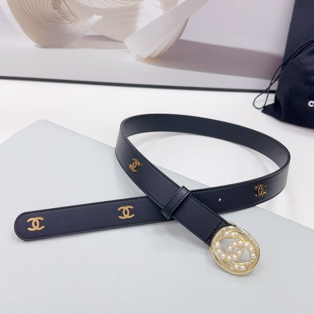 CHANEL 30MM BELT IN BLACK CALFSKIN GOLD HARDWARE ATTACH PEARLS