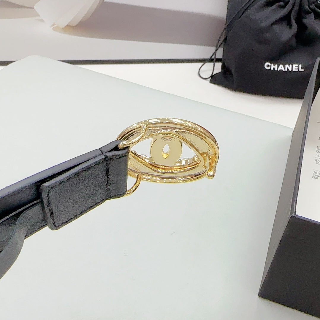 CHANEL 30MM BELT IN BLACK CALFSKIN GOLD HARDWARE ATTACH PEARLS