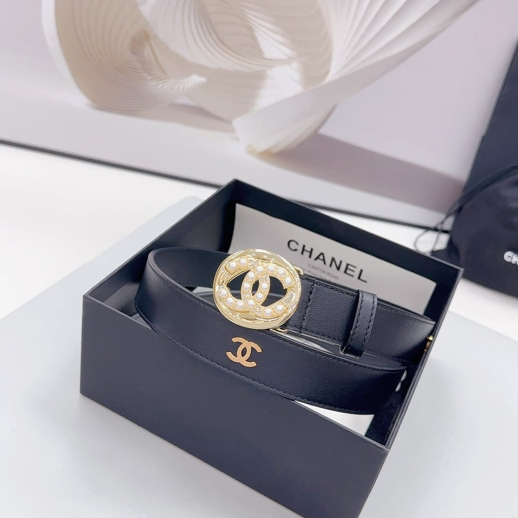 CHANEL 30MM BELT IN BLACK CALFSKIN GOLD HARDWARE ATTACH PEARLS