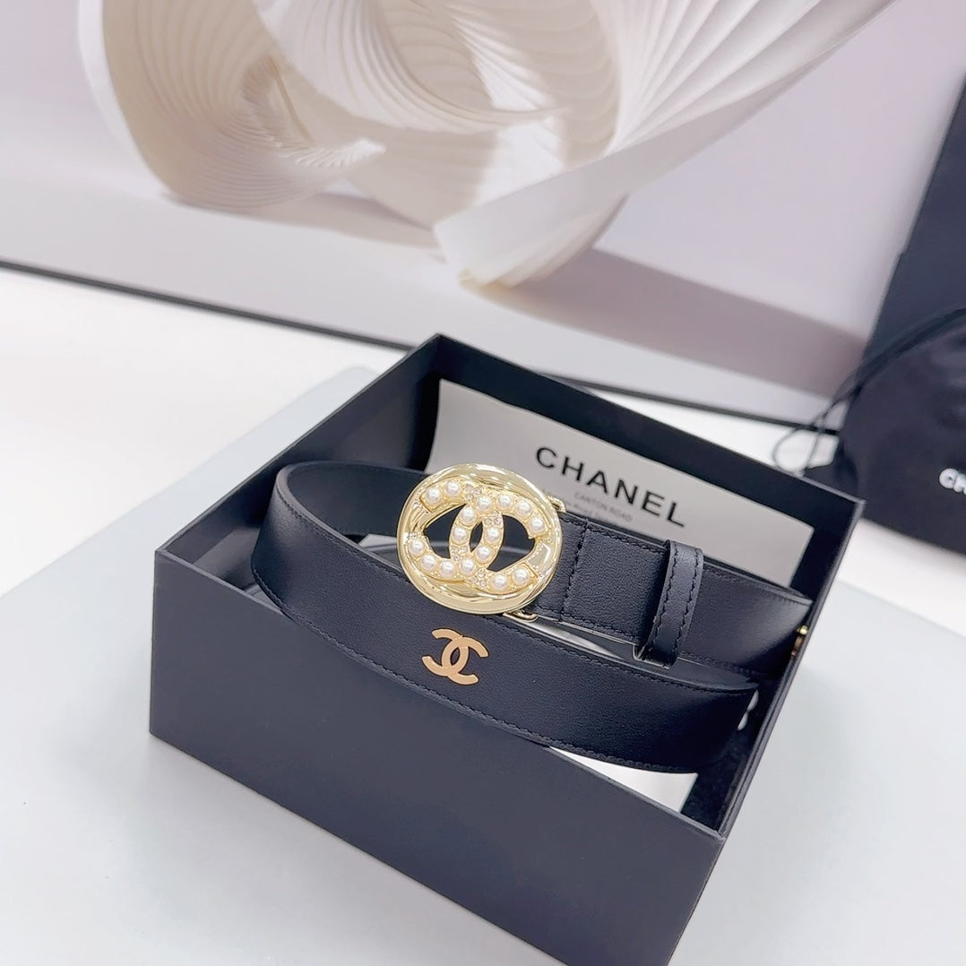 CHANEL 30MM BELT IN BLACK CALFSKIN GOLD HARDWARE ATTACH PEARLS