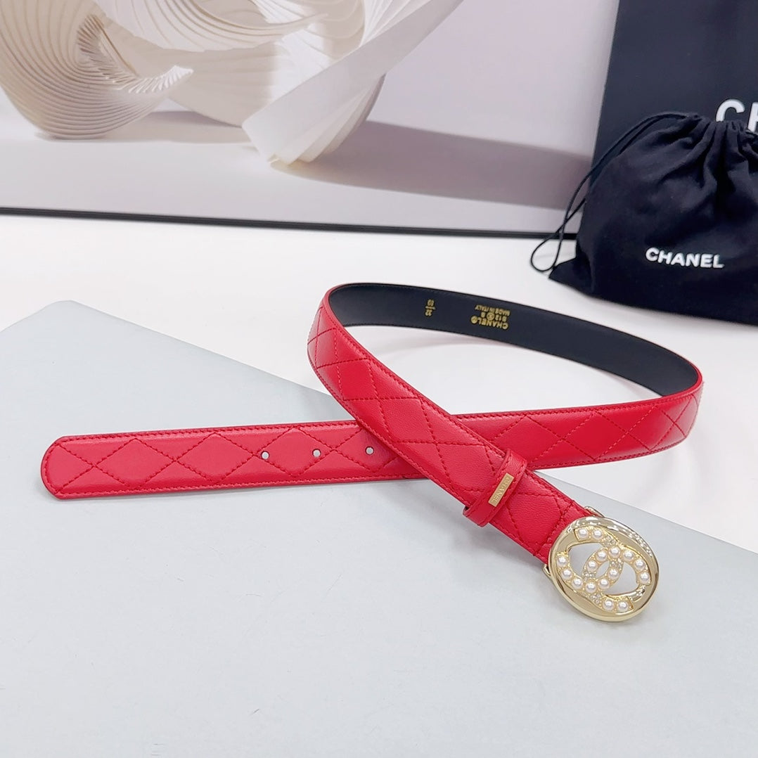 CHANEL 30MM BELT IN CHERRY RED CALFSKIN GOLD HARDWARE ATTACH PEARLS