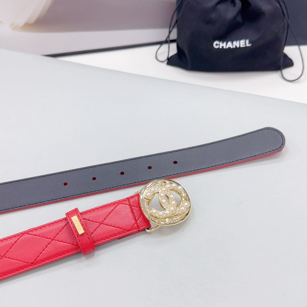 CHANEL 30MM BELT IN CHERRY RED CALFSKIN GOLD HARDWARE ATTACH PEARLS