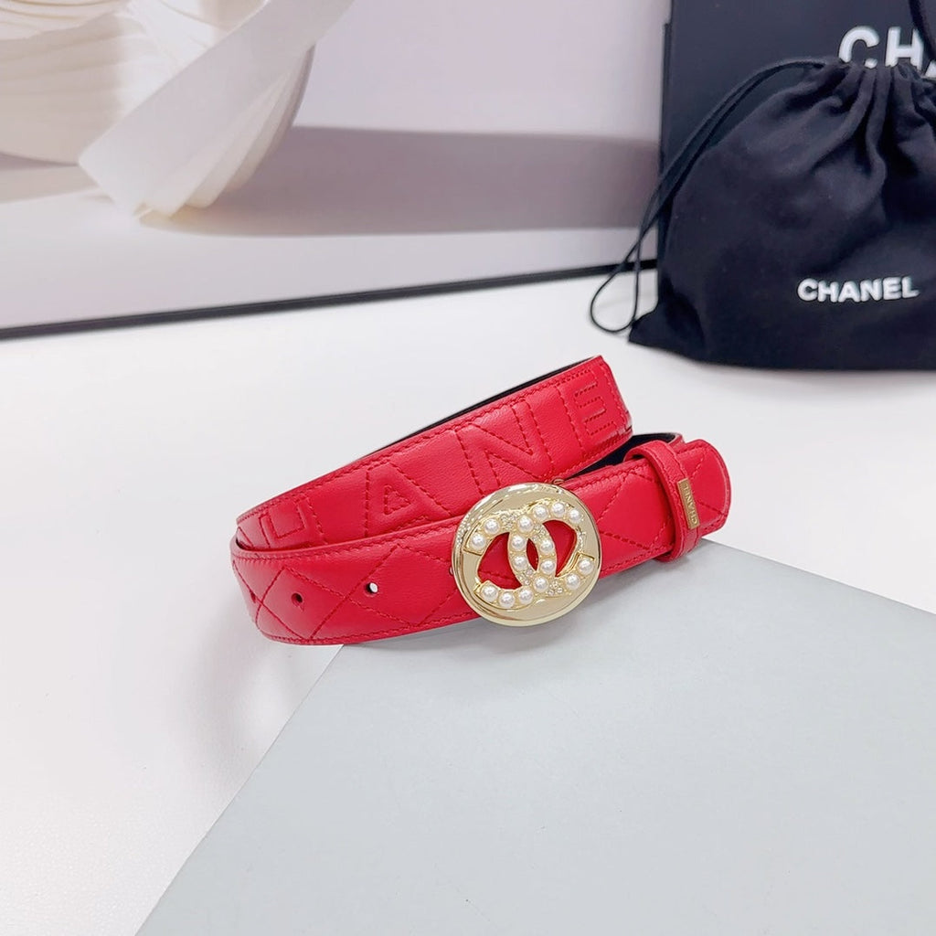CHANEL 30MM BELT IN CHERRY RED CALFSKIN GOLD HARDWARE ATTACH PEARLS