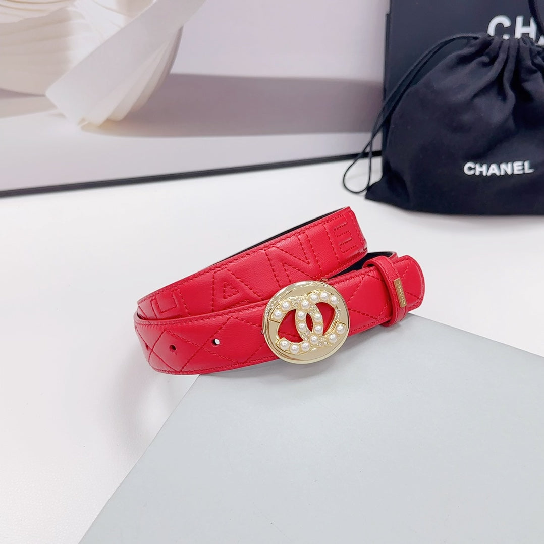 CHANEL 30MM BELT IN CHERRY RED CALFSKIN GOLD HARDWARE ATTACH PEARLS