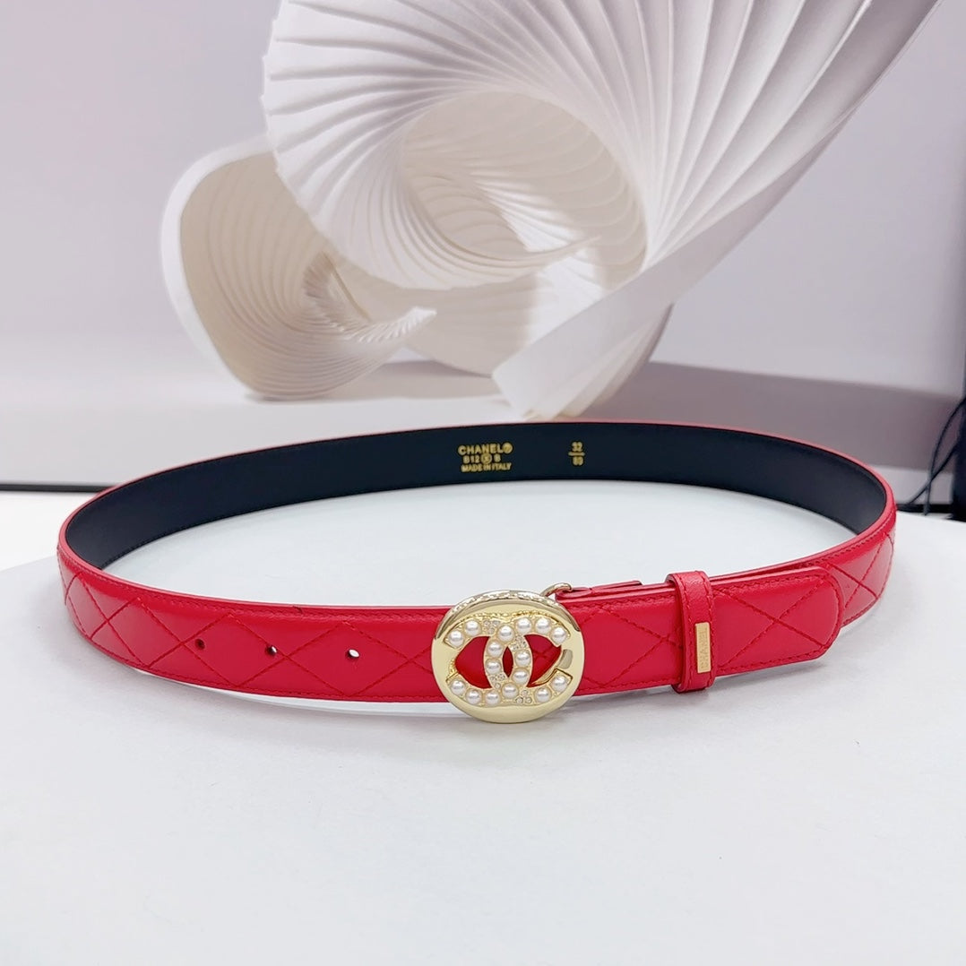 CHANEL 30MM BELT IN CHERRY RED CALFSKIN GOLD HARDWARE ATTACH PEARLS