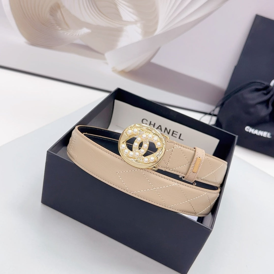 CHANEL 30MM BELT IN CAMEL BROWN CALFSKIN GOLD HARDWARE ATTACH PEARLS