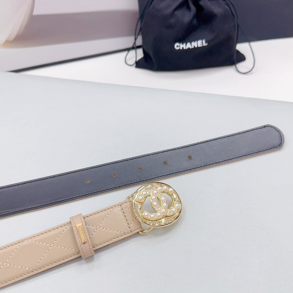 CHANEL 30MM BELT IN CAMEL BROWN CALFSKIN GOLD HARDWARE ATTACH PEARLS