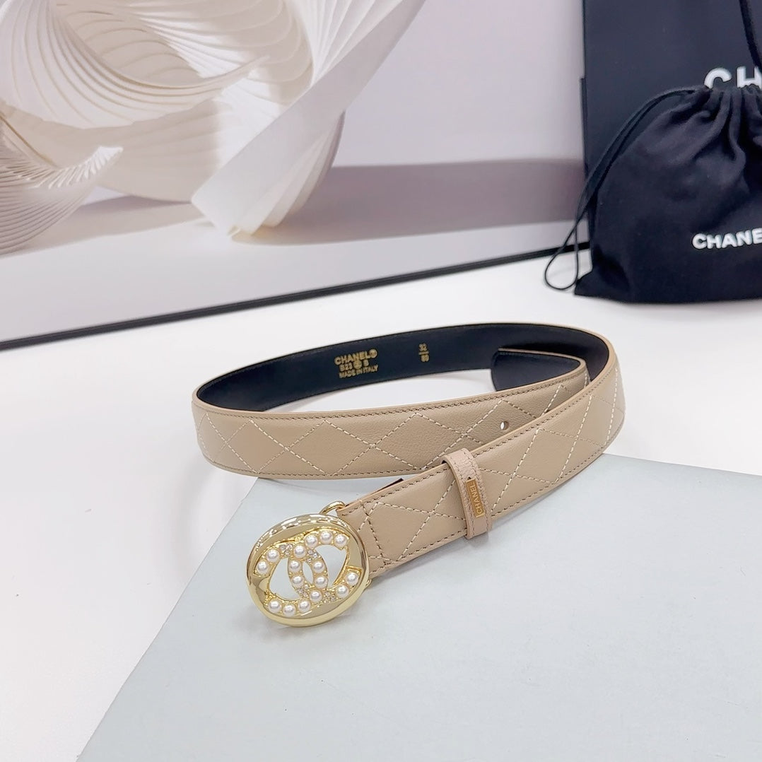 CHANEL 30MM BELT IN CAMEL BROWN CALFSKIN GOLD HARDWARE ATTACH PEARLS