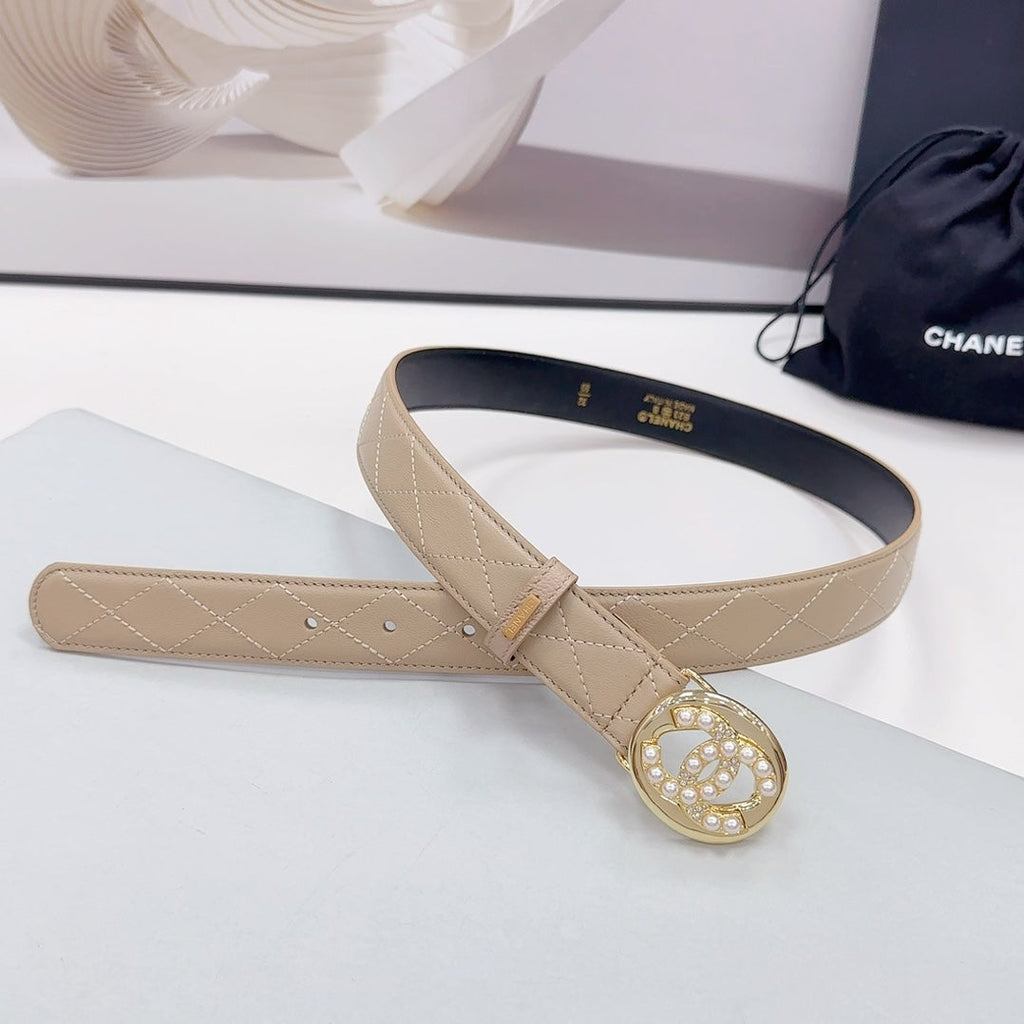 CHANEL 30MM BELT IN CAMEL BROWN CALFSKIN GOLD HARDWARE ATTACH PEARLS