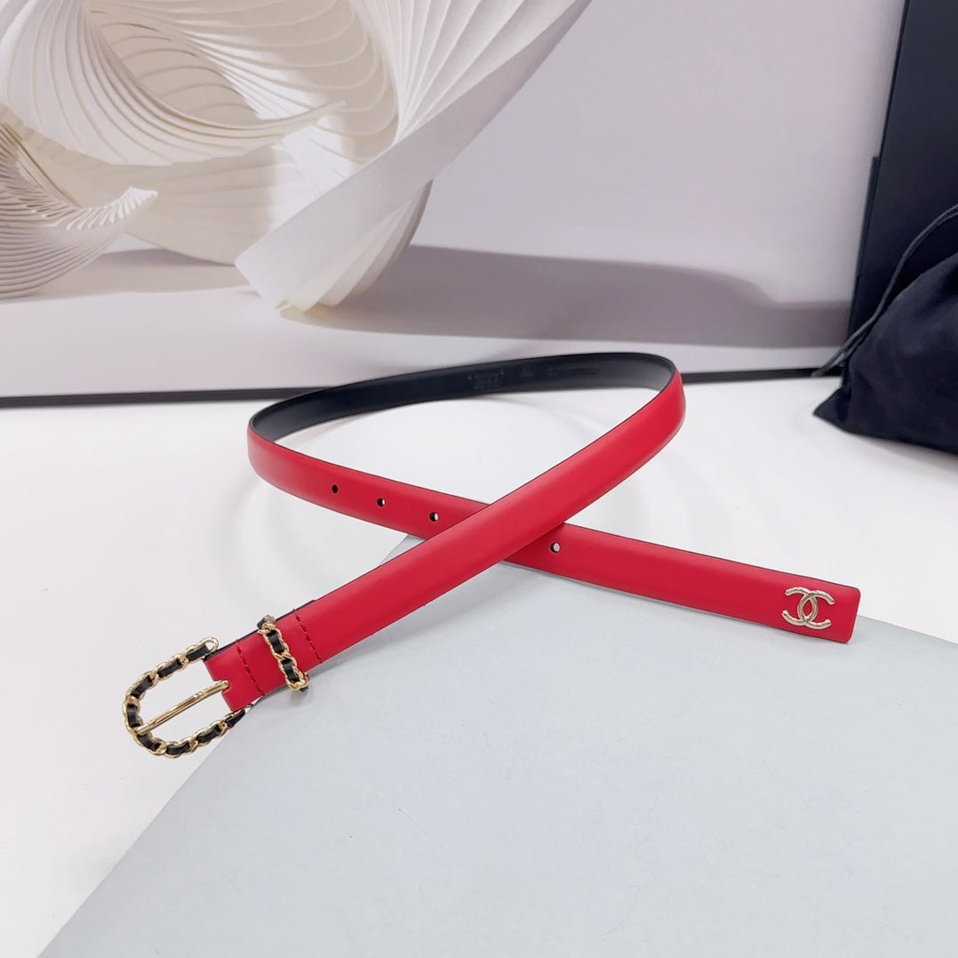 CHANEL BELT 20 MM IN CHERRY RED MIX BLACK CALFSKIN GOLD HARDWARE