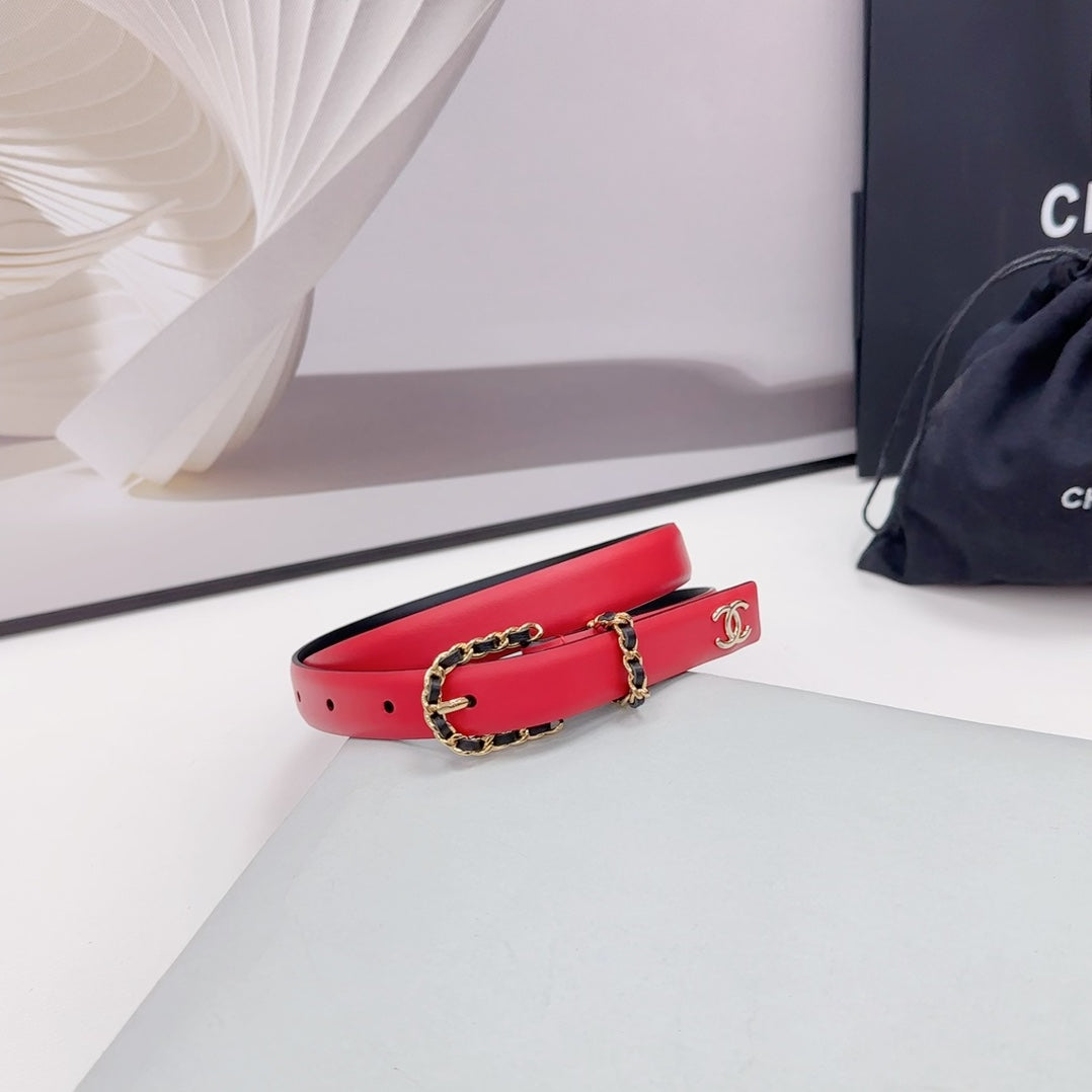 CHANEL BELT 20 MM IN CHERRY RED MIX BLACK CALFSKIN GOLD HARDWARE