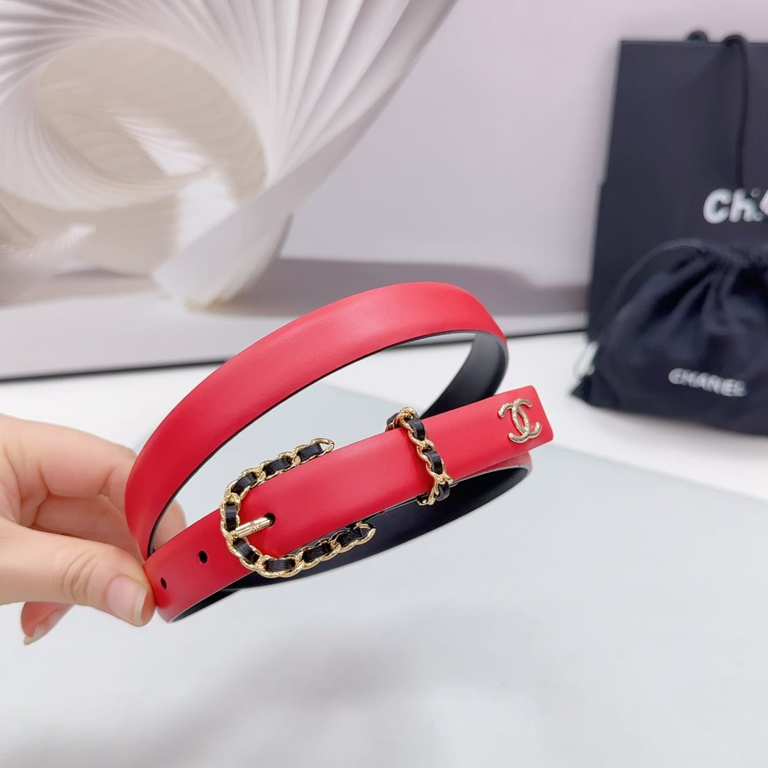 CHANEL BELT 20 MM IN CHERRY RED MIX BLACK CALFSKIN GOLD HARDWARE
