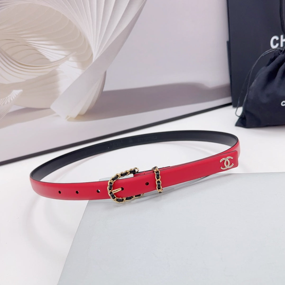 CHANEL BELT 20 MM IN CHERRY RED MIX BLACK CALFSKIN GOLD HARDWARE