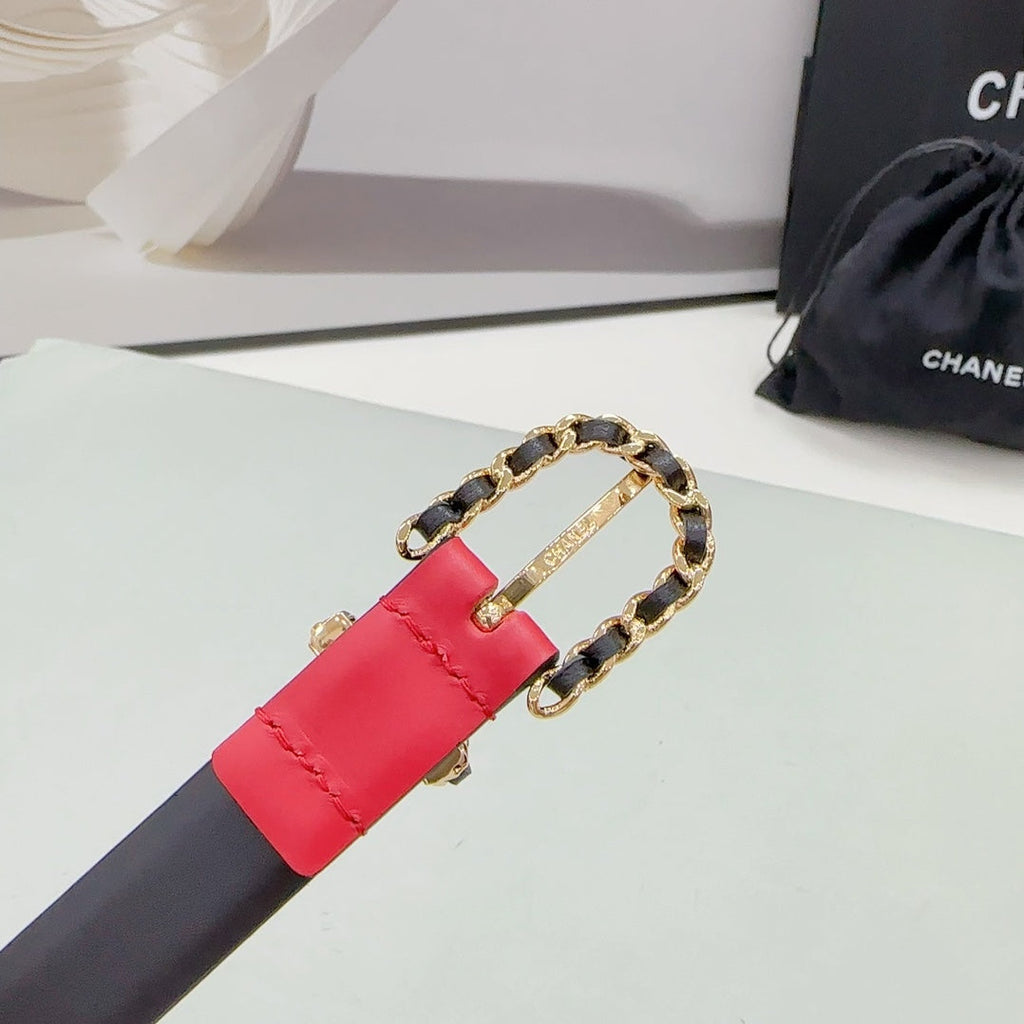 CHANEL BELT 20 MM IN CHERRY RED MIX BLACK CALFSKIN GOLD HARDWARE