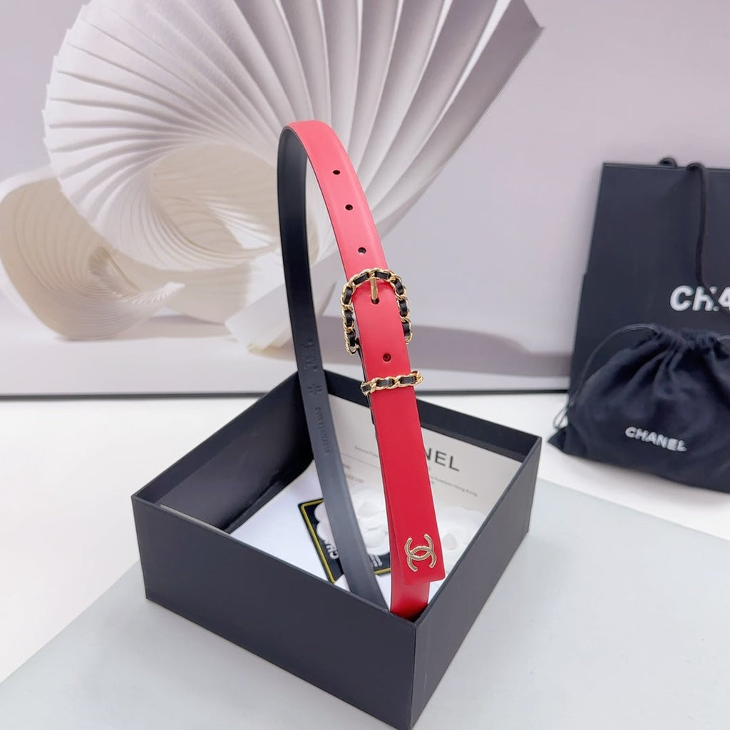 CHANEL BELT 20 MM IN CHERRY RED MIX BLACK CALFSKIN GOLD HARDWARE