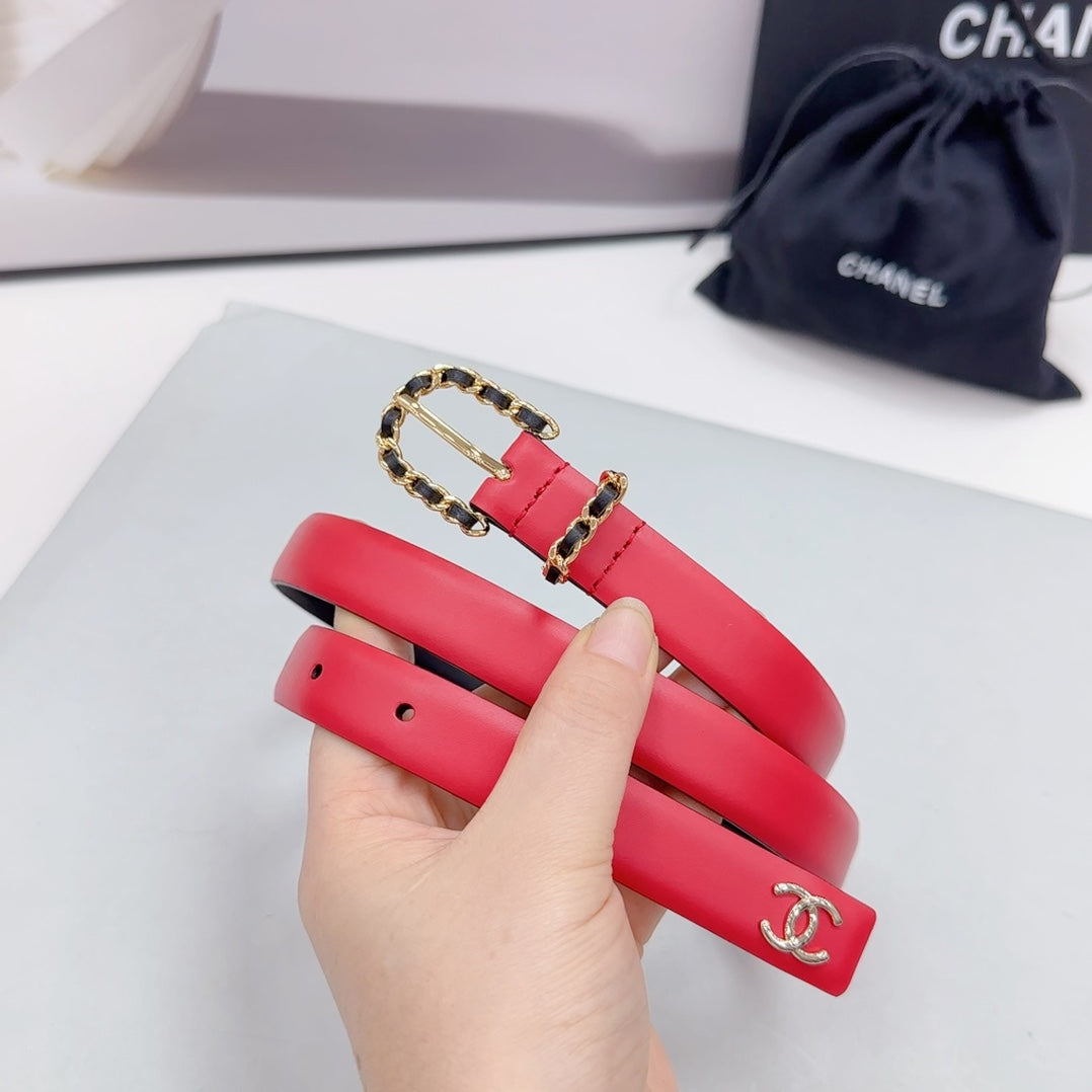CHANEL BELT 20 MM IN CHERRY RED MIX BLACK CALFSKIN GOLD HARDWARE
