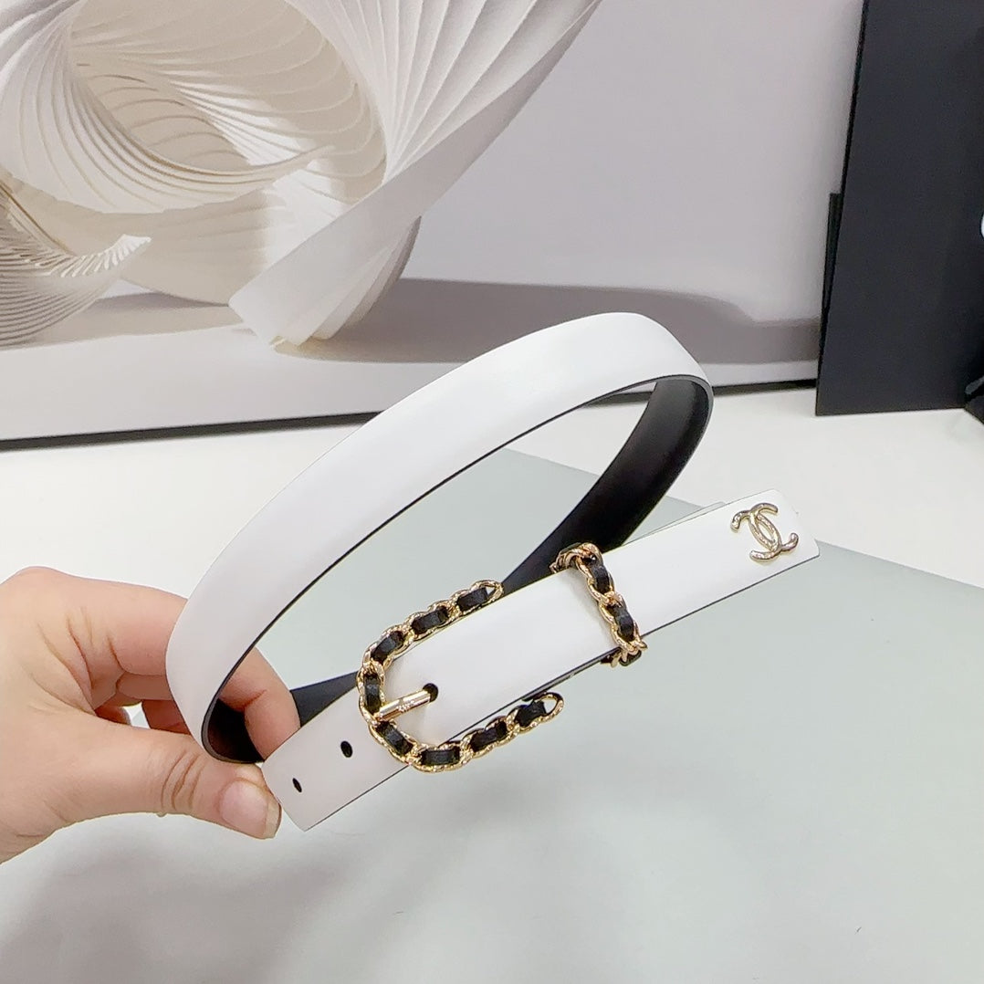 CHANEL BELT 20 MM IN WHITE MIX BLACK CALFSKIN GOLD HARDWARE