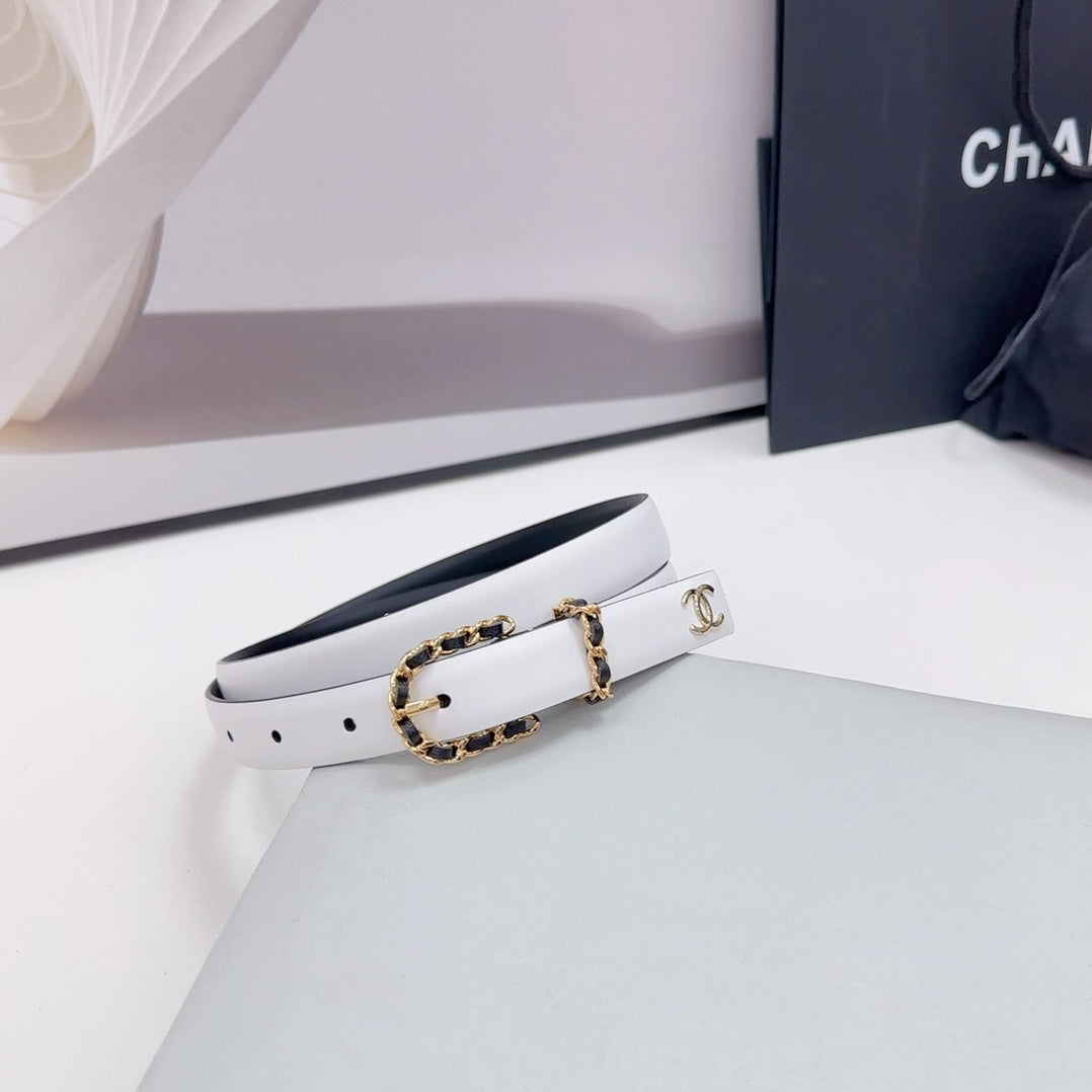 CHANEL BELT 20 MM IN WHITE MIX BLACK CALFSKIN GOLD HARDWARE