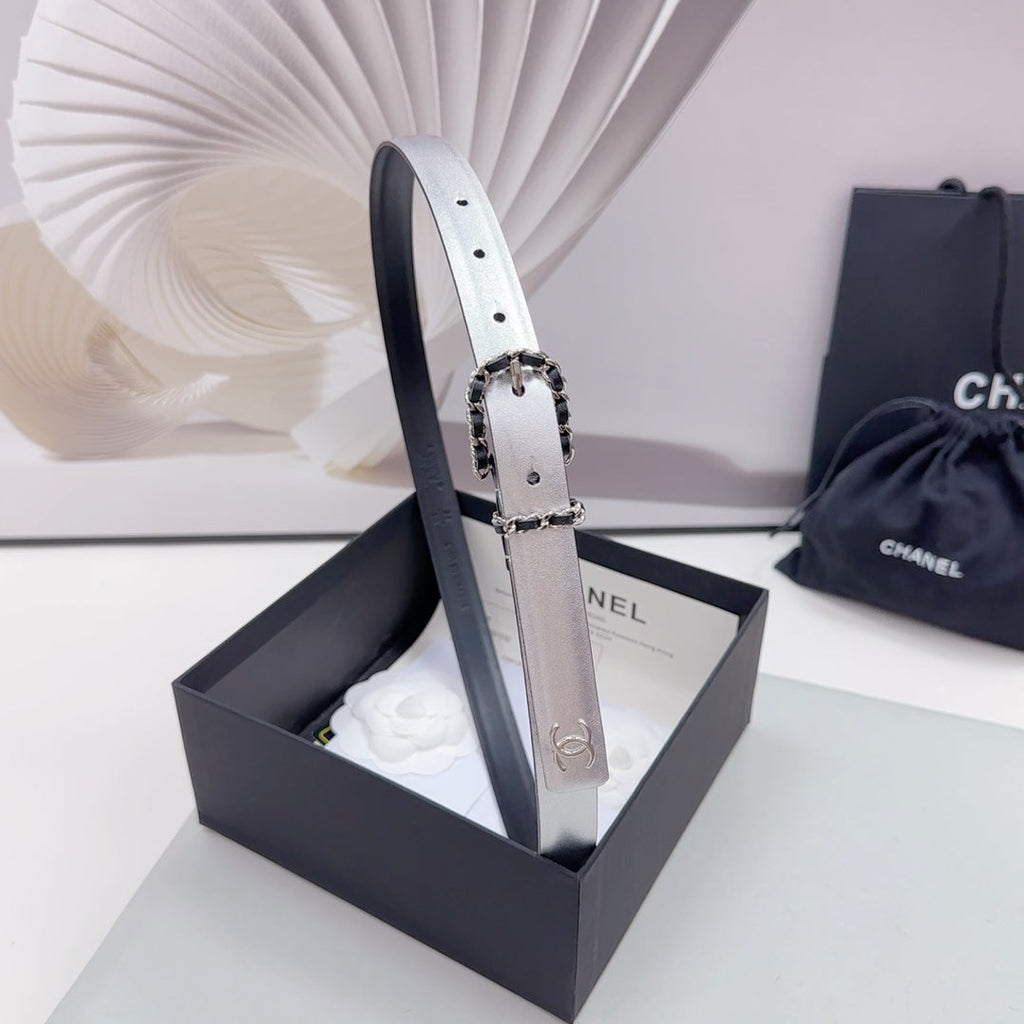 CHANEL BELT 20 MM IN SILVER MIX BLACK CALFSKIN SILVER HARDWARE
