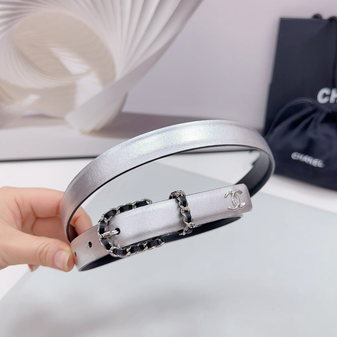 CHANEL BELT 20 MM IN SILVER MIX BLACK CALFSKIN SILVER HARDWARE