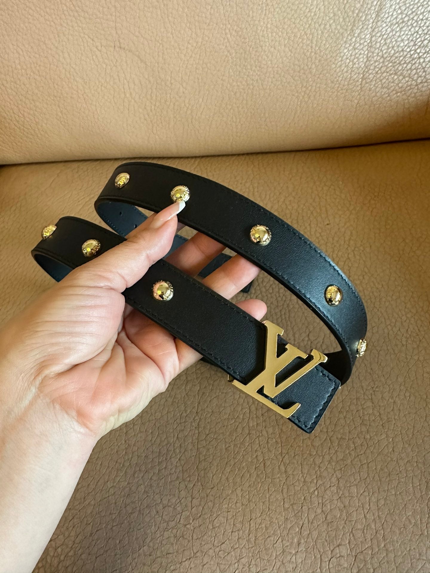 LOUIS VUITTON LV INITIALES STUDS 30 MM REVERSIBLE BELT IN BLACK CALFSKIN GOLD HARDWARE