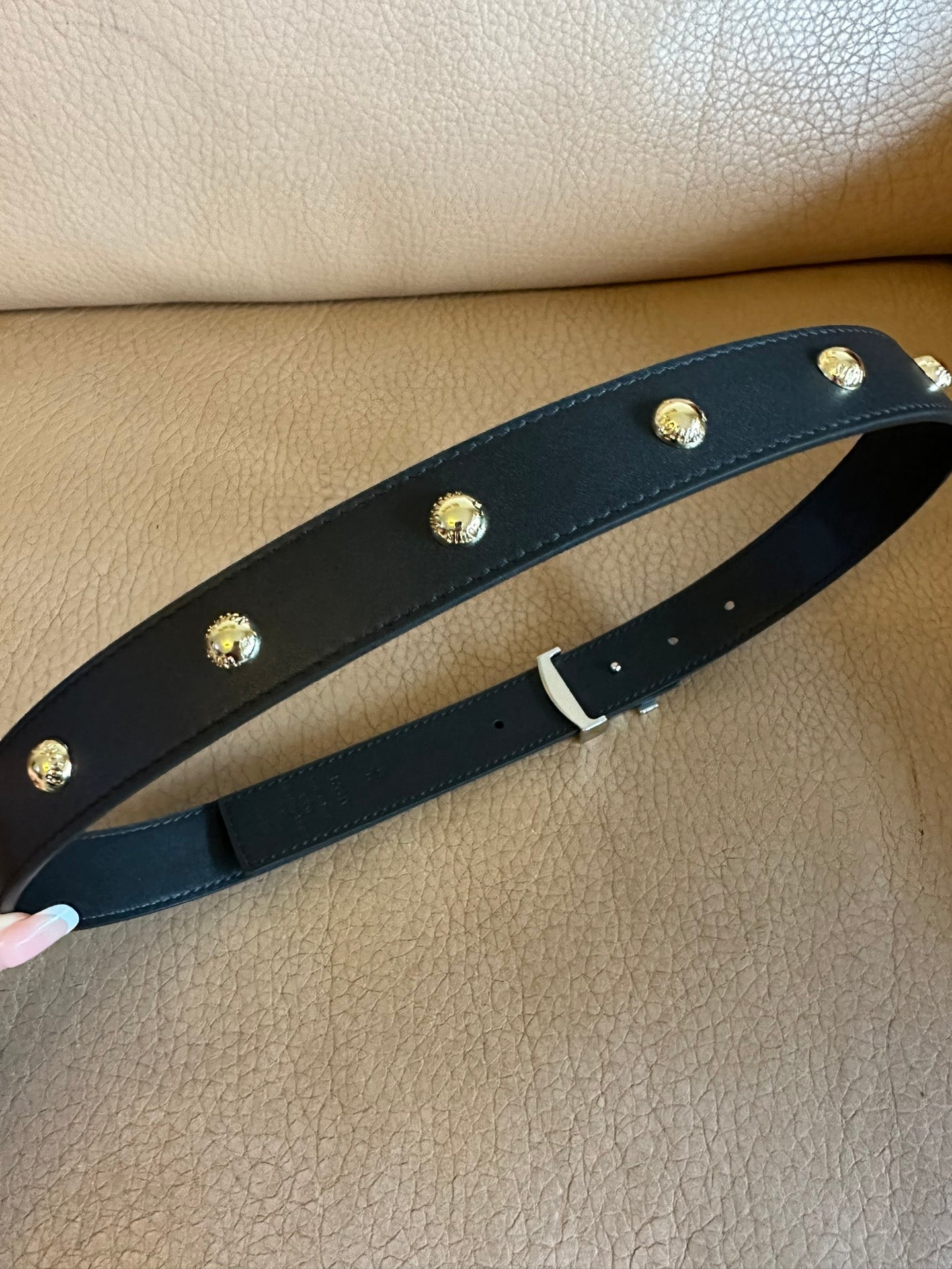 LOUIS VUITTON LV INITIALES STUDS 30 MM REVERSIBLE BELT IN BLACK CALFSKIN GOLD HARDWARE