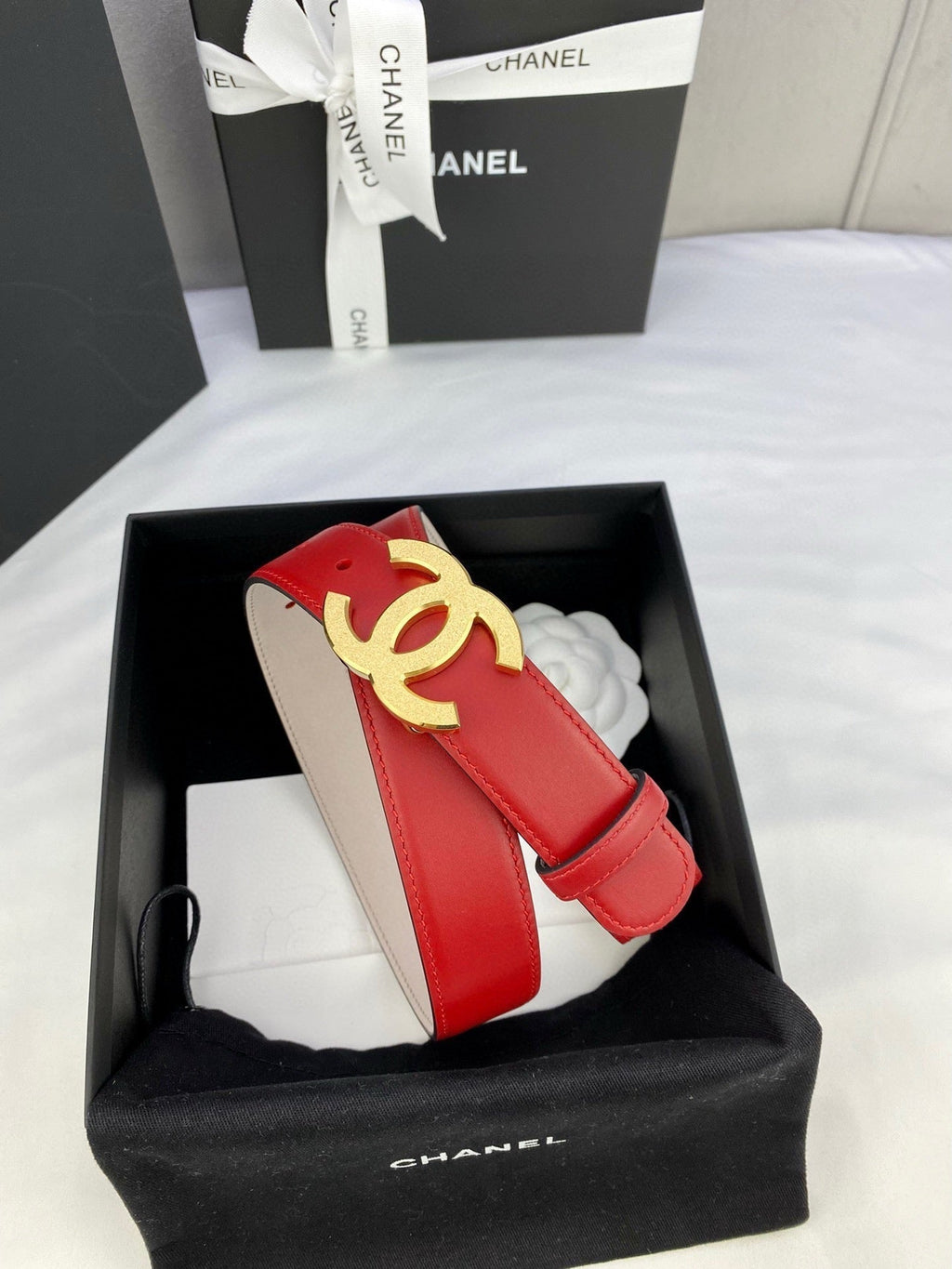 CHANEL DOUBLE C BELT 30MM IN RED CALFSKIN METAL BUCKLE