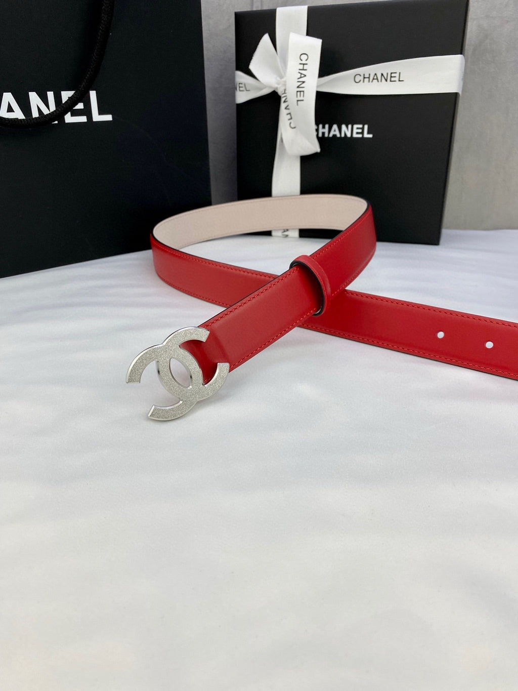CHANEL DOUBLE C BELT 30MM IN RED CALFSKIN METAL BUCKLE