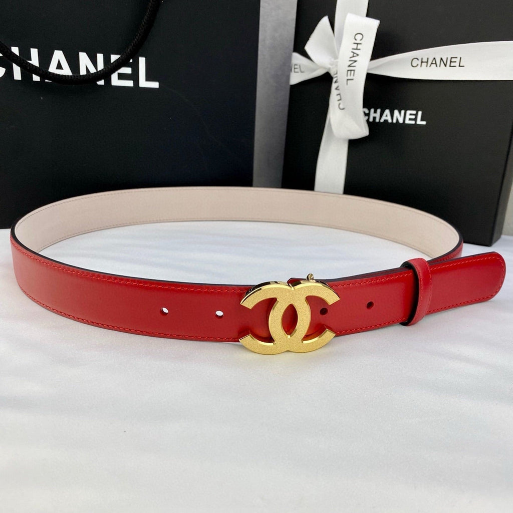 CHANEL DOUBLE C BELT 30MM IN RED CALFSKIN METAL BUCKLE