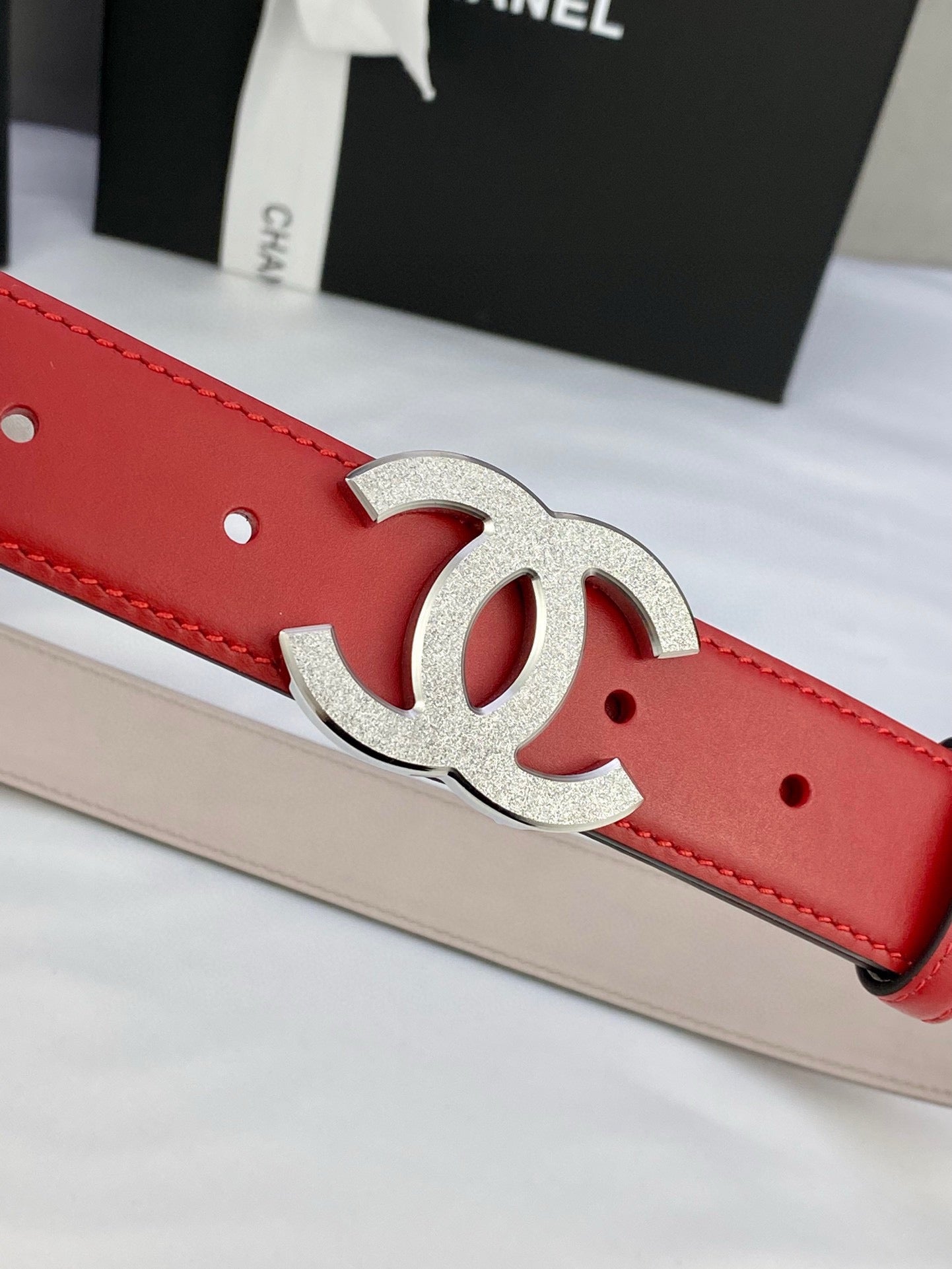 CHANEL DOUBLE C BELT 30MM IN RED CALFSKIN METAL BUCKLE