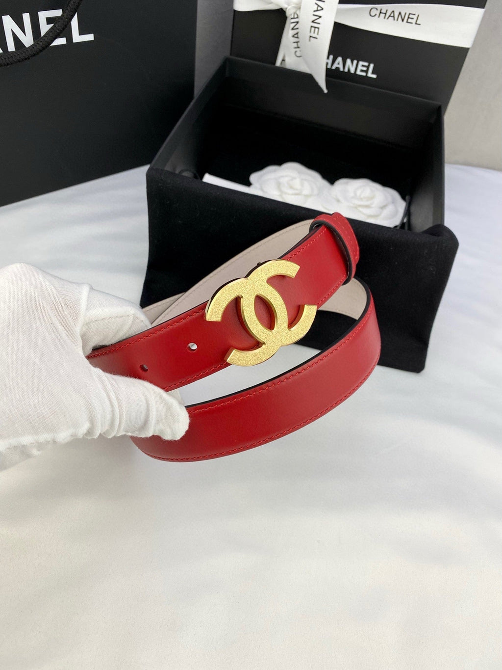 CHANEL DOUBLE C BELT 30MM IN RED CALFSKIN METAL BUCKLE