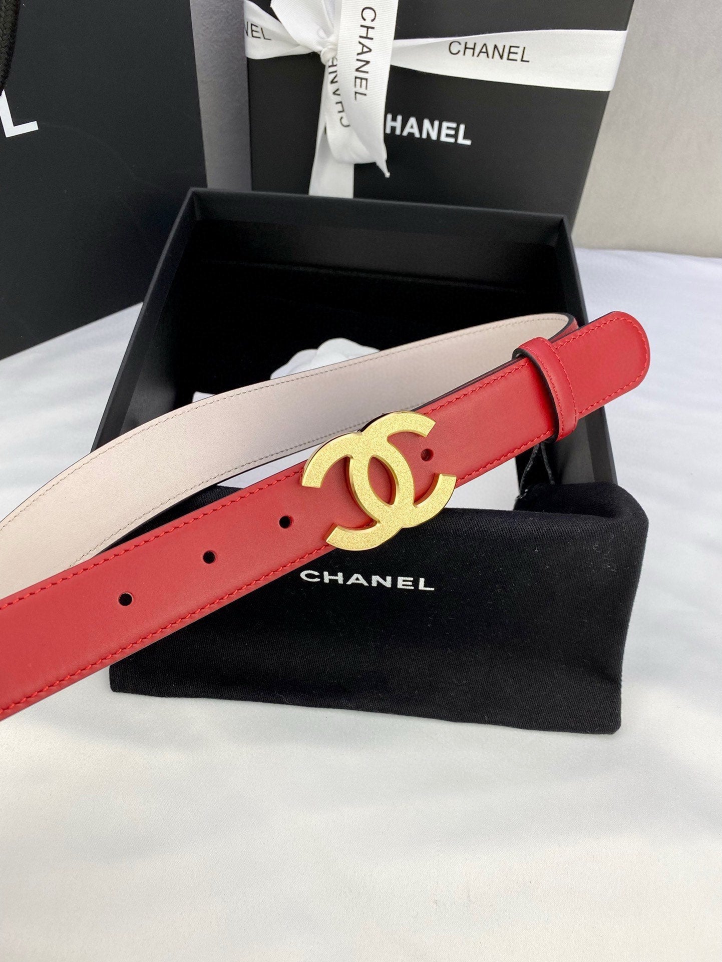 CHANEL DOUBLE C BELT 30MM IN RED CALFSKIN METAL BUCKLE