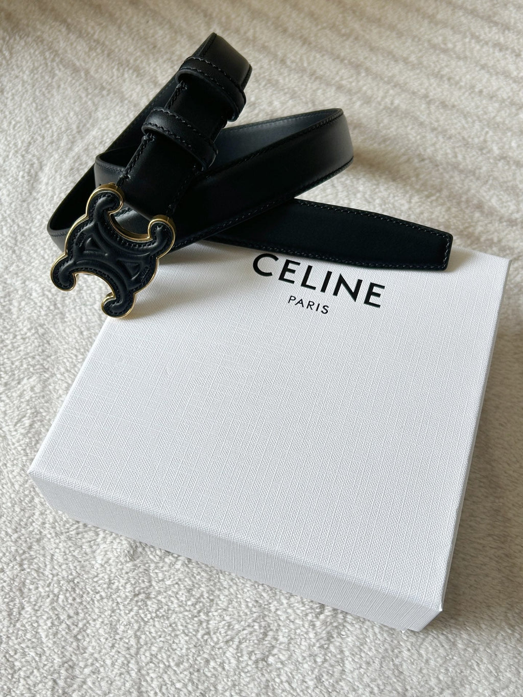 CELINE TRIOMPHE BELT 24MM IN BLACK CALFSKIN WITH LEATHER BUCKLE GOLD HARDWARE