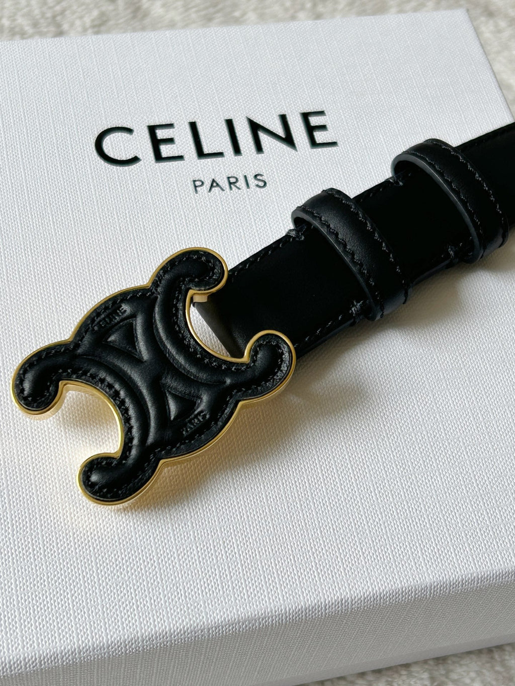 CELINE TRIOMPHE BELT 24MM IN BLACK CALFSKIN WITH LEATHER BUCKLE GOLD HARDWARE